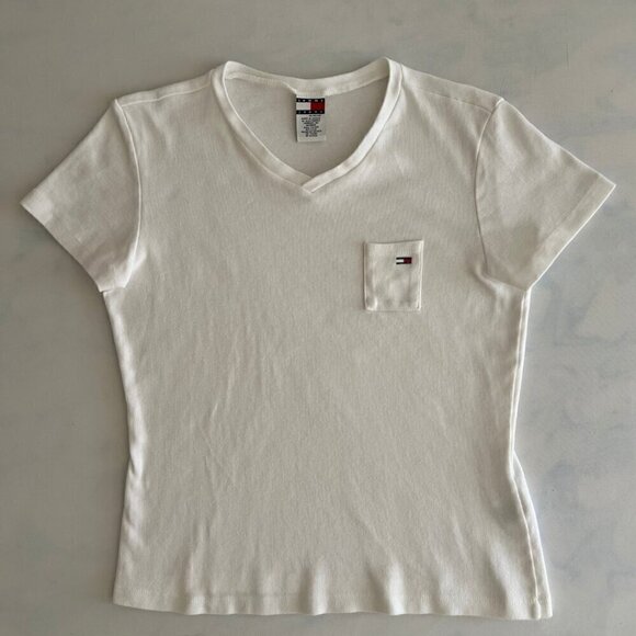 Tommy Hilfiger Tops - Tommy Jeans 100% Cotton Basic White Cotton V-Neck Baby Tee XL